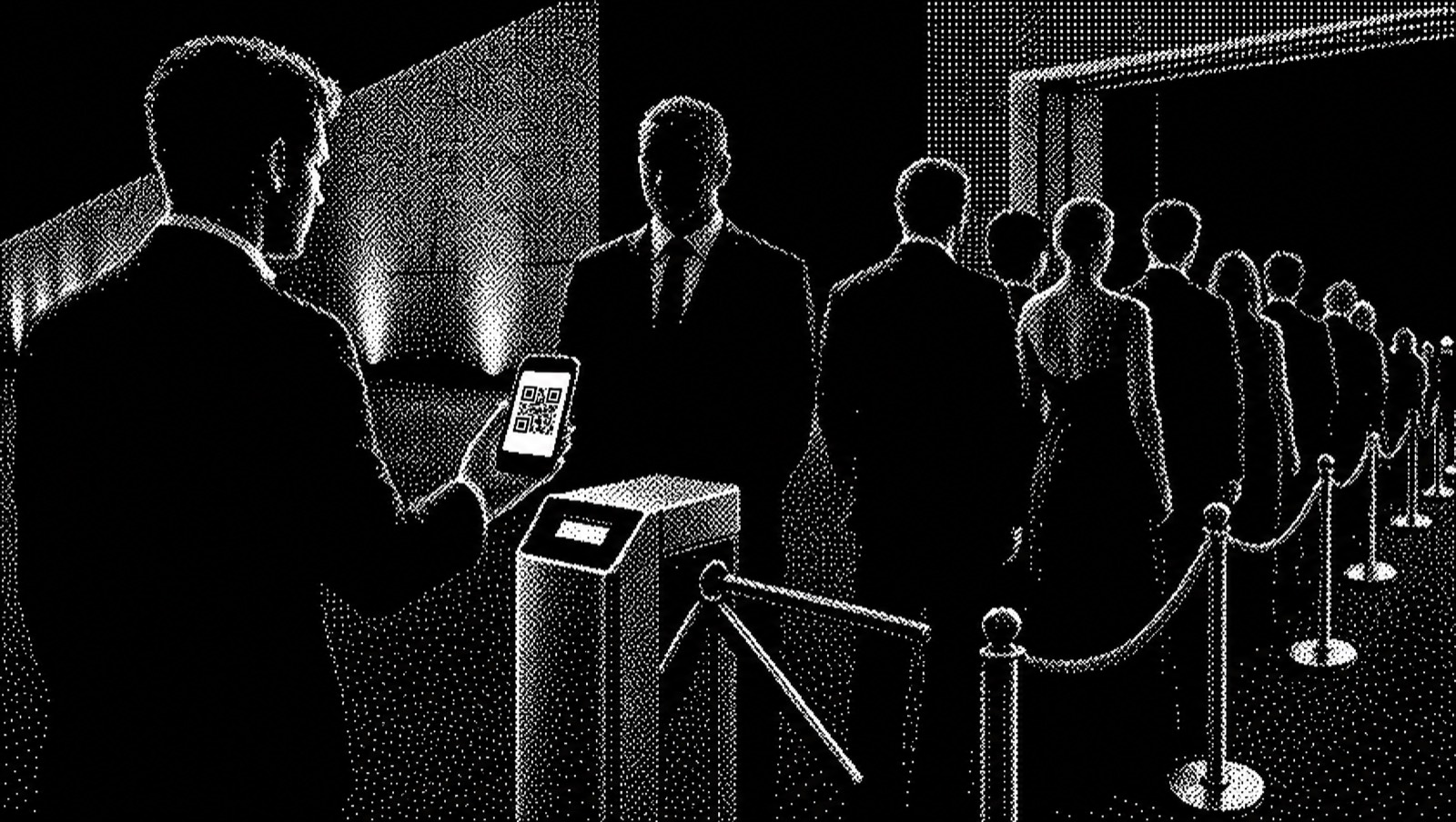 Dithered halftone illustration: a guest presenting a QR code at an event turnstile